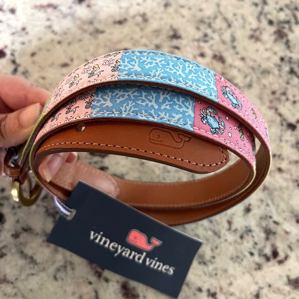 Vineyard Vines Silk Belt Womens M Multi Patchwork Preppy‎ Nautical Whale Leather